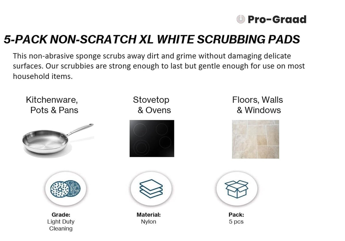 Pro-Graad White Scouring Pads 10" x 4.5", XL, 5 Pack