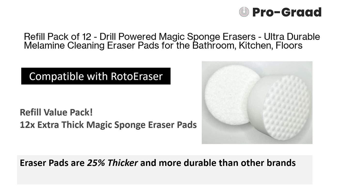 Refill Pack of 12 Drill Powered XL 4.5” Magic Sponge Erasers | Compatible with RotoEraser | 25% Thicker Ultra Durable Melamine Cleaning Eraser Pads for Bathroom Kitchen Floors Round 4.5" x 1.25" Thick