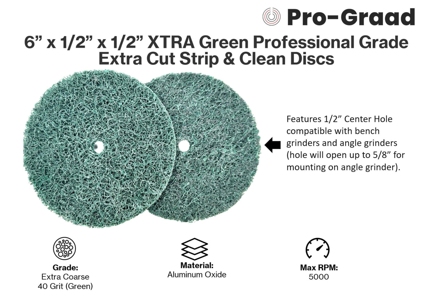 Pro-Graad 2 Pack 6” x 1/2” x 1/2" Clean & Strip XT Pro Extra Cut Disc, Extra Coarse Aluminum Oxide, Remove Heavy Rust Paint Coating Corrosion, Green, 21664
