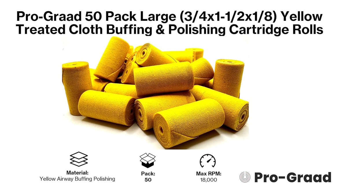 Pro-Graad 50 Pack 3/4x1-1/2x1/8 Yellow Treated Cloth Buffing & Polishing Cartridge Rolls, Ideal for Detail Polishing Hard to Reach Areas