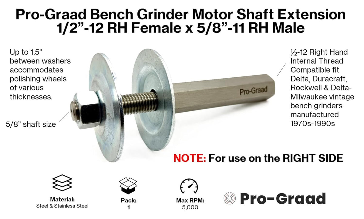 Pro-Graad Bench Grinder Motor Shaft Extension, 1/2"-12 RH to 5/8"-11 RH, 7”