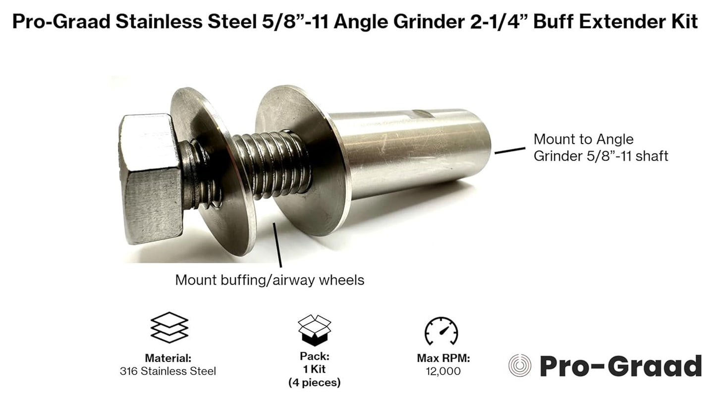 Pro-Graad 2-3/4” Stainless Angle Grinder Arbor Extension, 1-1/4” Thread Length, Extra Threads On Power Tools with 5/8”-11 Arbor, Angle Grinder Airway Buff Extender Kit for Buffing & Airway Wheels