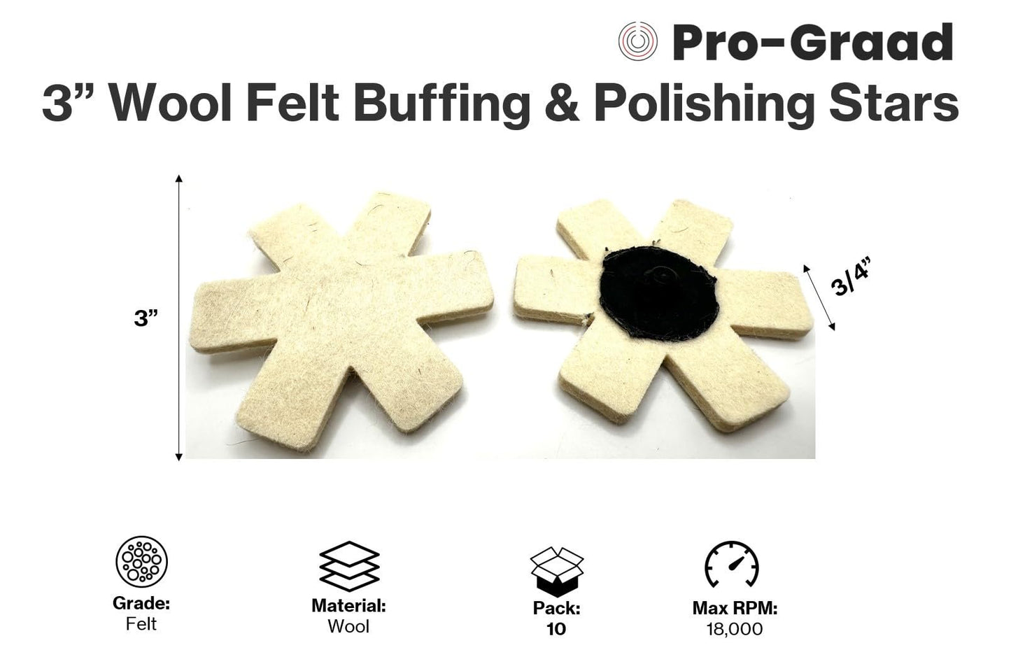 Pro-Graad 10 Pack 3” Wool Felt Buffing & Polishing Stars, Ideal for Buffing & Polishing Inside of cylinders, Pipe, tubing, Excels on Aluminum, Steel, Titanium - Includes Holder