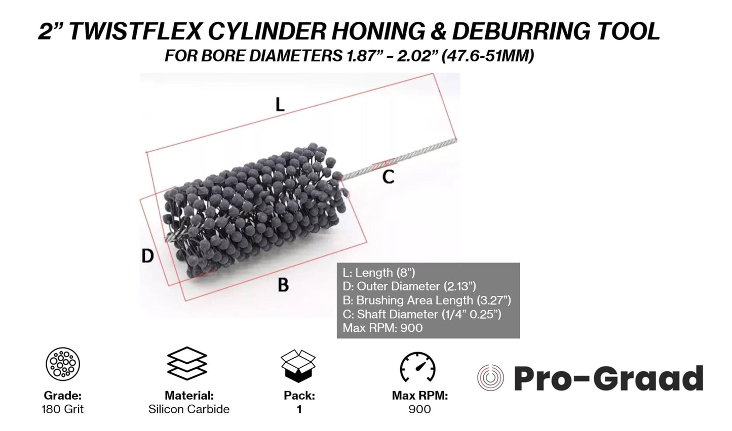 Pro-Graad TwistFlex 2" 180SC Cylinder Hone | 2" (50.8mm) Flexible Cylinder Honing & Deburring Tool | Bore Brush for Hole Diameters 1.87 – 2.02" | Silicon Carbide 180 Grit | 1/4" Shank | 8" Length