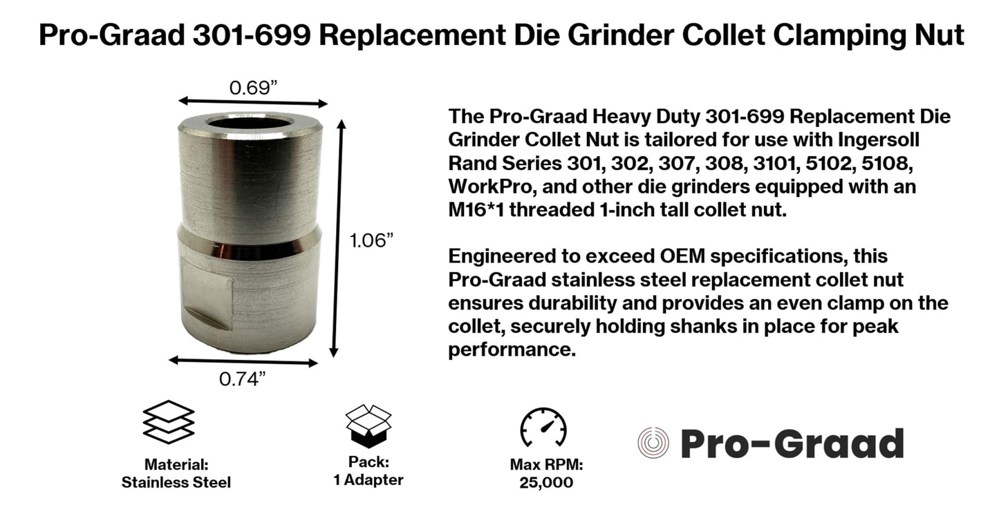 Pro-Graad 301-699 Replacement Die Grinder Collet Clamping Nut Compatible Fit Ingersoll Rand 301, 302, 307, 308, 3101, 5102, 5108, WorkPro, Dewalt & Others with M16*1 Thread, 1" Tall Cap