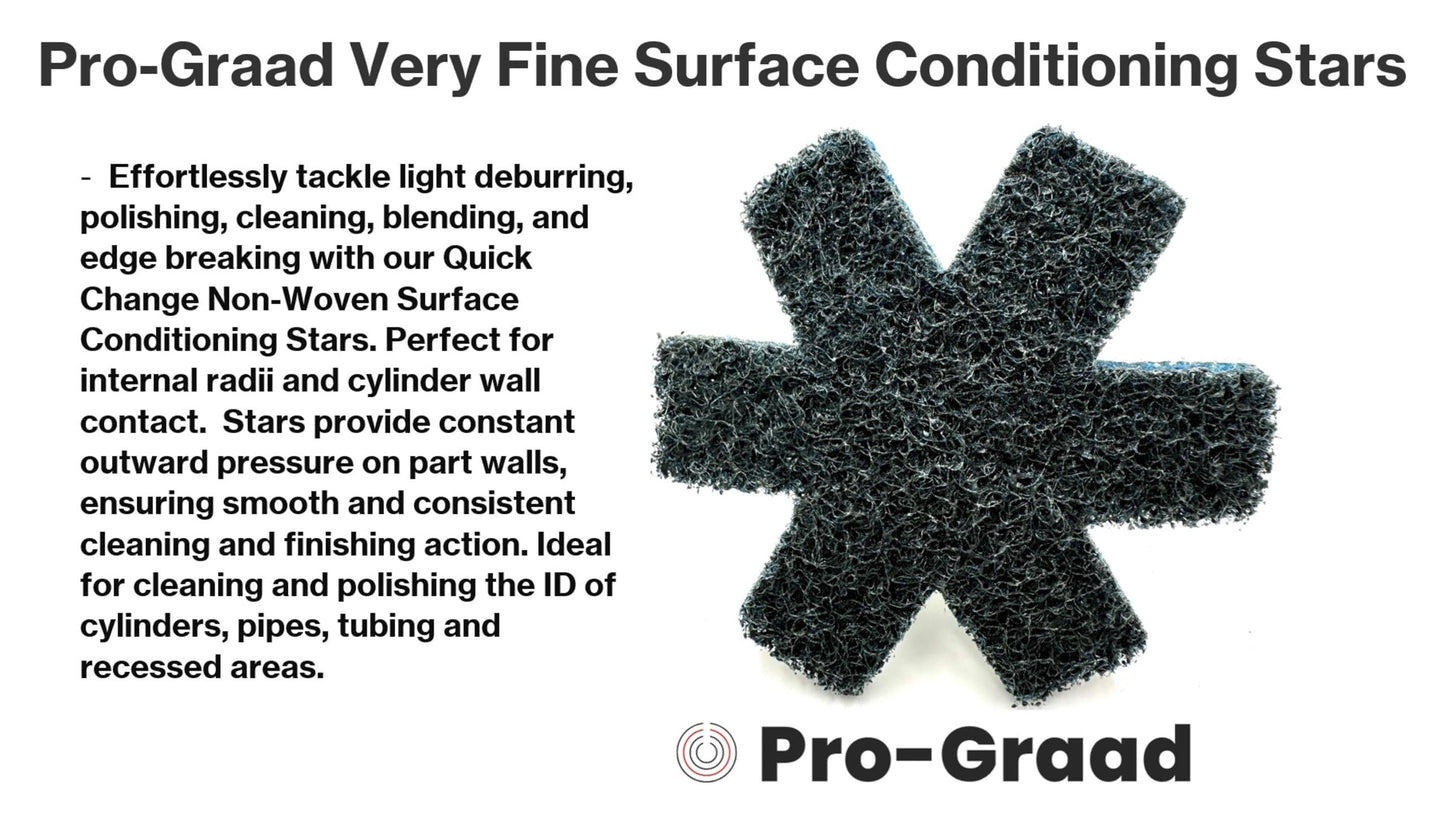 Pro-Graad 10 Pack 3” Very Fine Quick Change Surface Conditioning Stars, Ideal for Deburring, Polishing, Blending inside of cylinders, pipe, tubing, for Aluminum, Steel, Titanium - Includes Holder