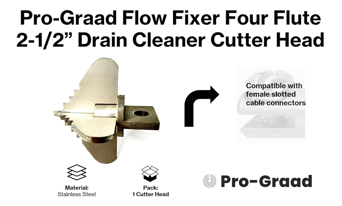 Pro-Graad 2-1/2” Spear 4 Flute Flow Fixer Drain Cleaner Plumbing Snake Cutter Head for 3” – 4” Pipes, Clears & Scrapes Inner Walls, Fits 3/8” 1/2" or 9/16” Cables, Commercial & Residential Use