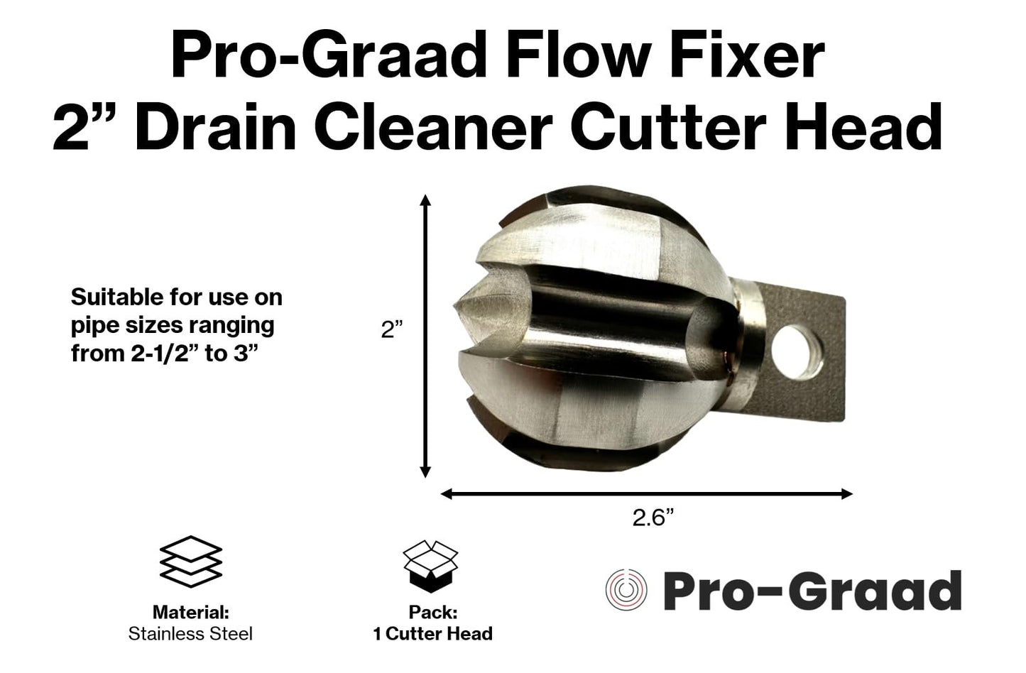 Pro-Graad 2” Flow Fixer Drain Cleaner Plumbing Snake Cutter Head for 2-1/2" - 3" Pipes, Clears & Scrapes Pipe Inner Walls, Fits 5/8” & 3/4" Cables, for Commercial & Residential Use