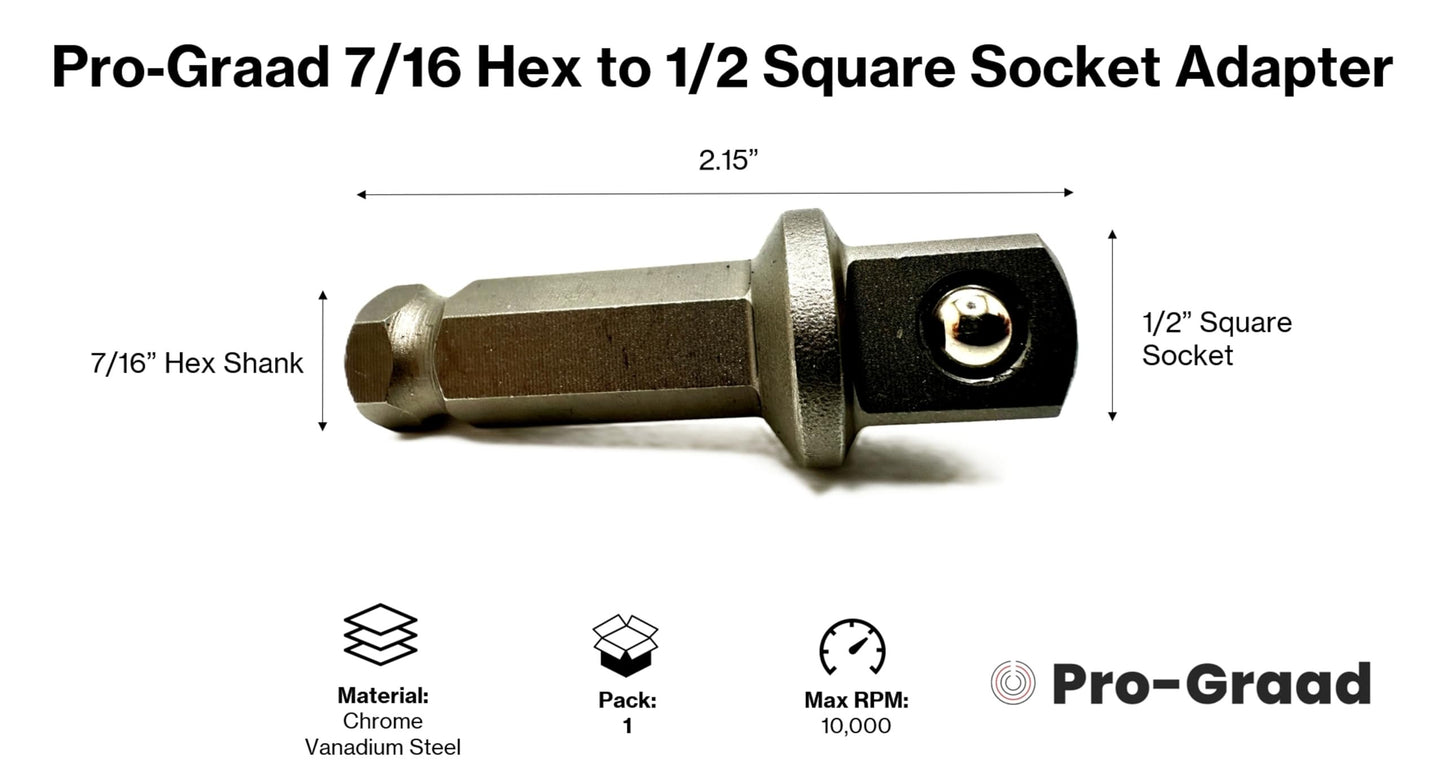 Pro-Graad 7/16" Hex to 1/2" Square Socket Adapter Drive Converter, Impact Driver Bit, Spring Ball Retainer, 2" Extension, Works with 7/16" Impact Driver & 1/2" Electric Drill
