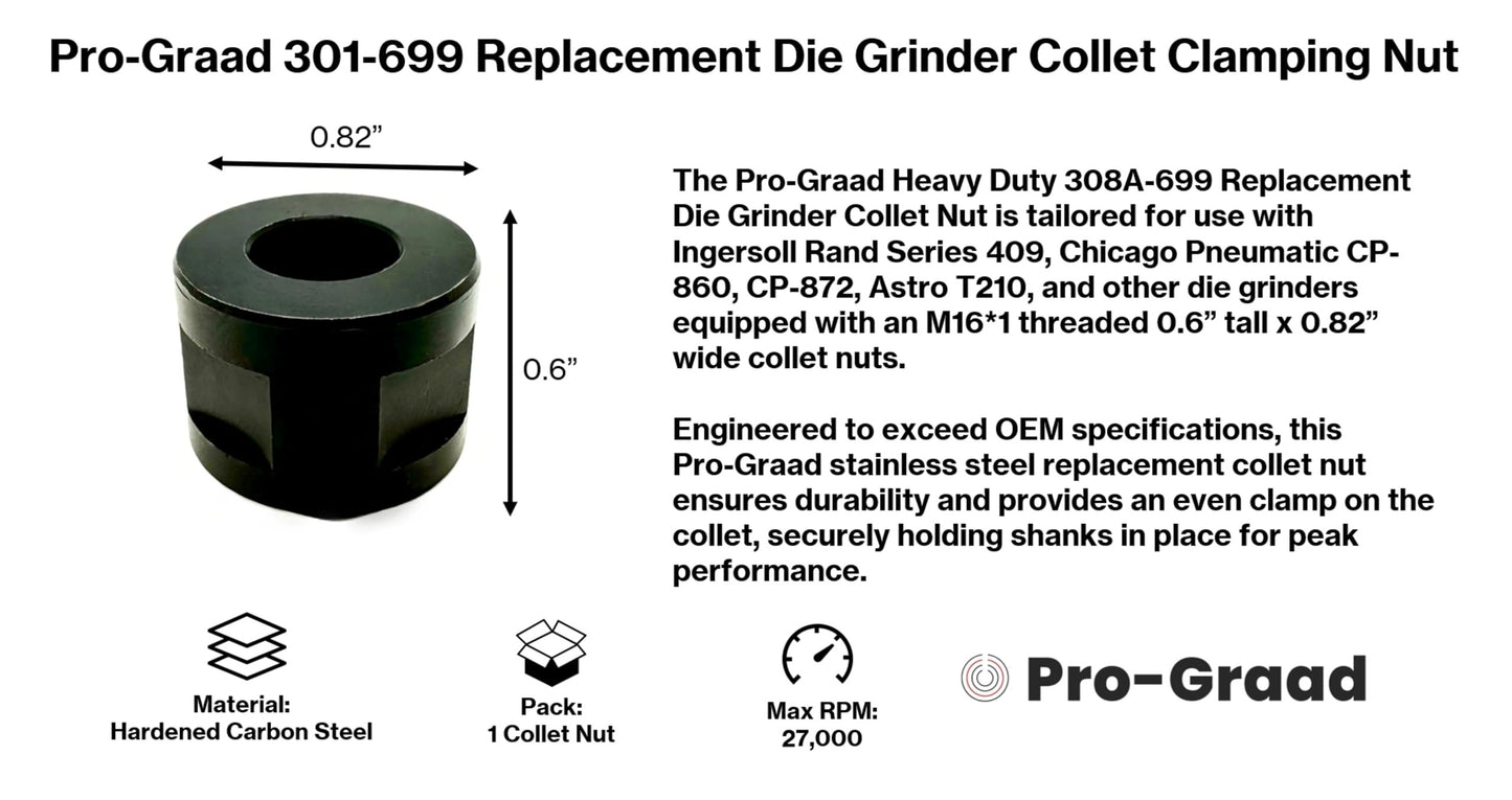 Pro-Graad 308A-699 Replacement Die Grinder Collet Clamping Nut Compatible with IR409, CP860, CP872, T210 and others with 0.6” Tall x 0.8” wide x M16*1 Threaded Collet Nut Cap