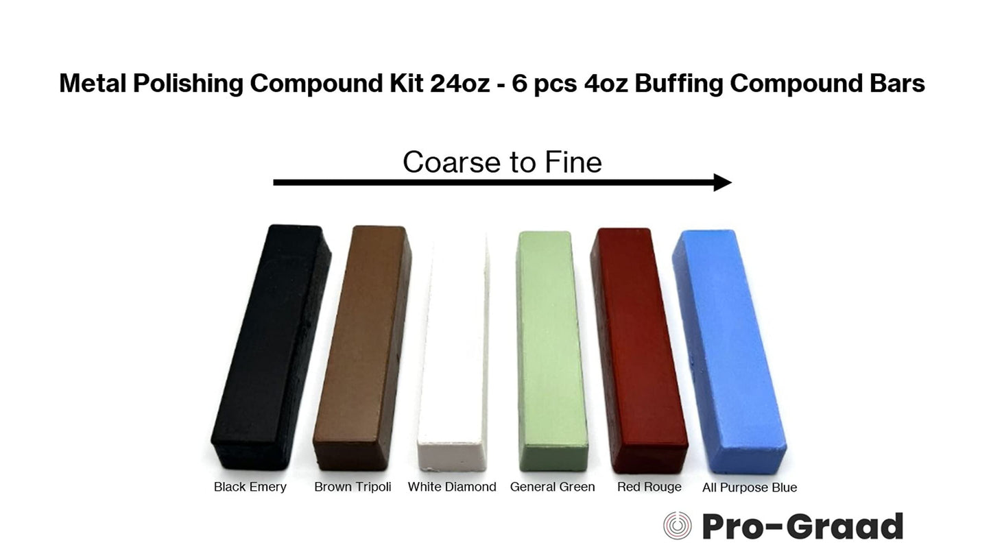 Pro-Graad Metal Polishing Compound Kit 24oz - 6 pc Buffing Compound Bars 4 oz each. Set includes: Black Emery Compound, Brown Tripoli, White Rouge, General Green, Red Jewelers Rouge, All Purpose Blue