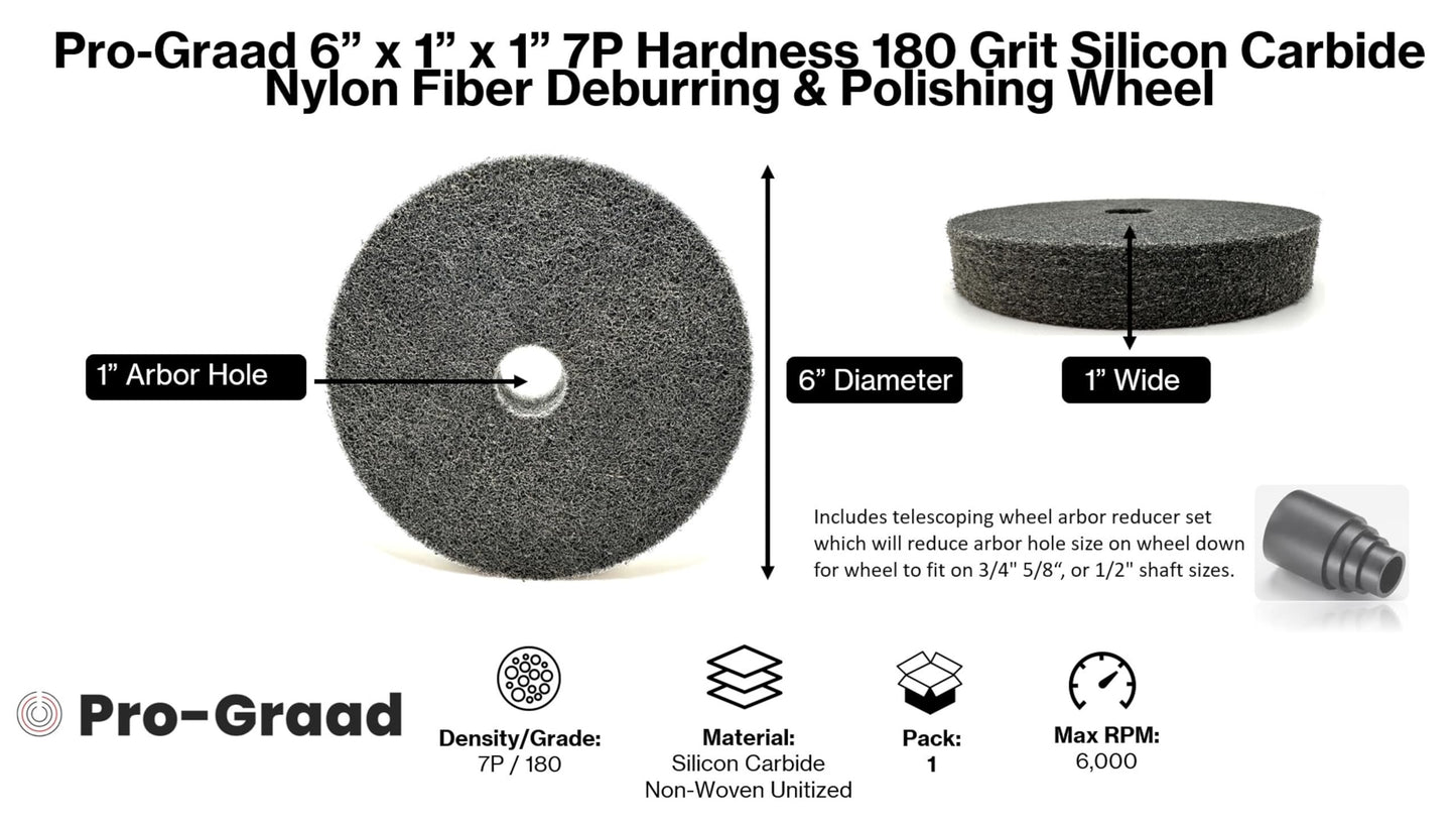 Pro-Graad Nylon Fiber Deburring Wheel 6" x 1" x 1" 7P Hardness 180 Grit Silicon Carbide Brushed Polishing Buffing Unitized Wheel for Bench Grinder, Buffing Machine, with Adapter for 1/2 5/8 3/4 Arbor