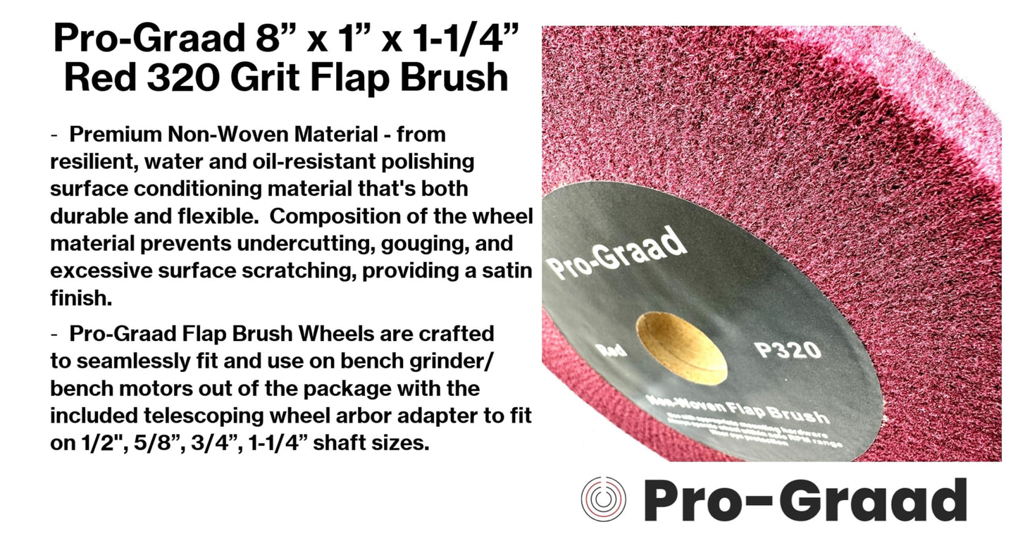 Pro-Graad 8” x 1” x 1-1/4” Arbor Red Bench Grinder Polishing Wheel, 320 Grit, Tight Weave, Great for refurbishing golf clubs and metal, Non-Woven Wheel for Copper, Metal, Finishing, and Burnishing