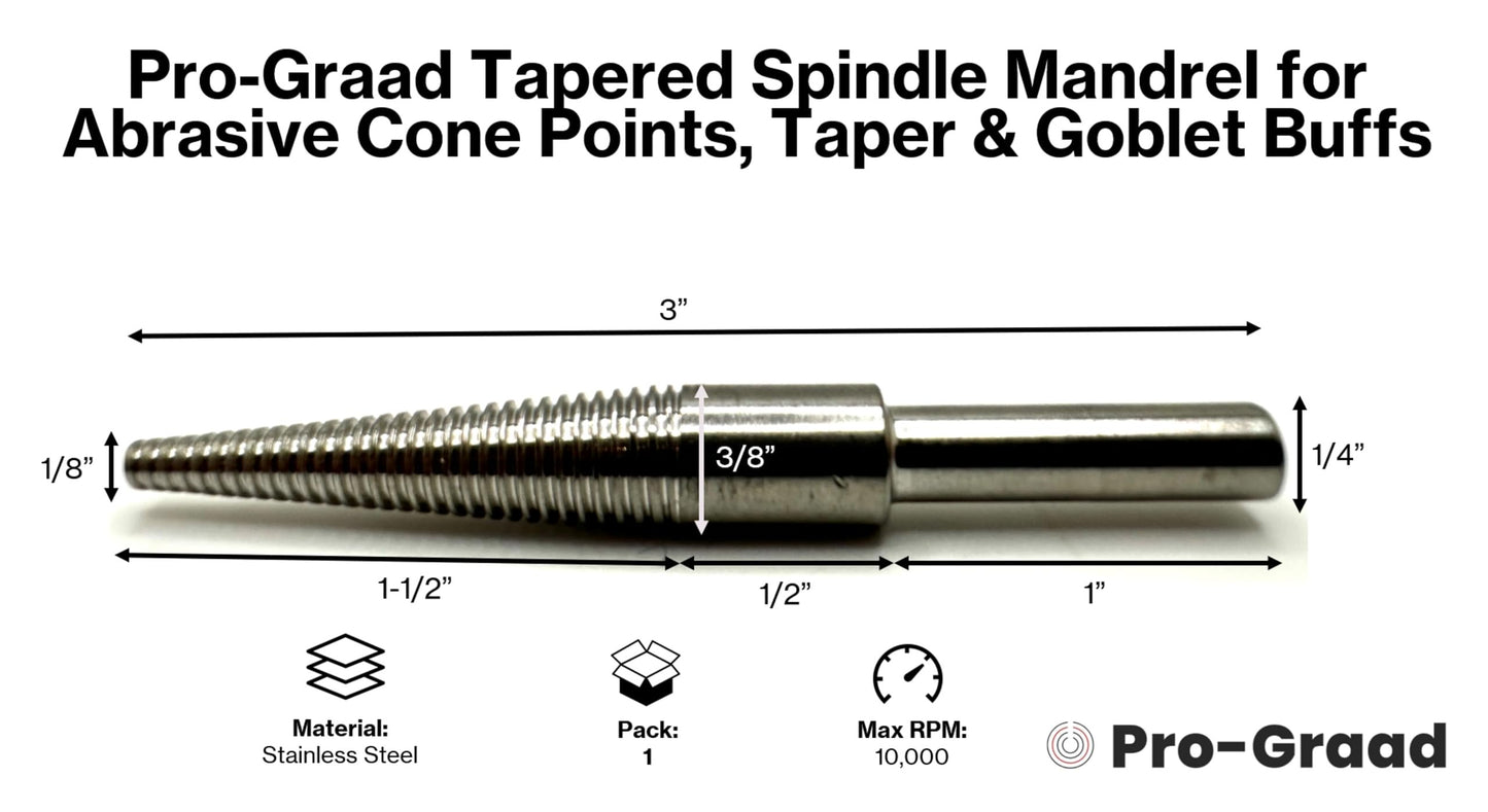 Pro-Graad WTR-2 Tapered Spindle Mandrel Threaded Mandrel Screw Thread - 1/4" Shank Cone Point, Taper & Goblet Buff Mandrels, 1 Pack