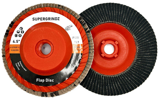 SuperGrindz 10 Pack 4-1/2" x 5/8"-11 120 Grit Type 27 High-Density Zirconia Trimmable Flap Discs for 4.5" & 5" Grinders, 5/8”-11 Fast Change Hub, Sanding, Finishing, Stock & Rust Removal