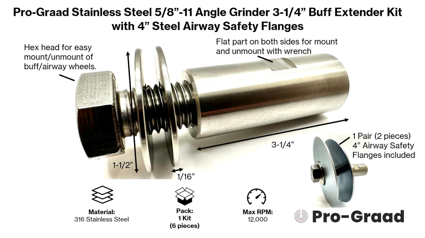 Pro-Graad Stainless Steel 5/8”-11 Angle Grinder Buff Extender Kit, Airway Buffing Polishing Wheel 3-1/4” Extension Shaft, Threaded Arbor Extension Adapter with 4” Steel Airway Safety Flanges