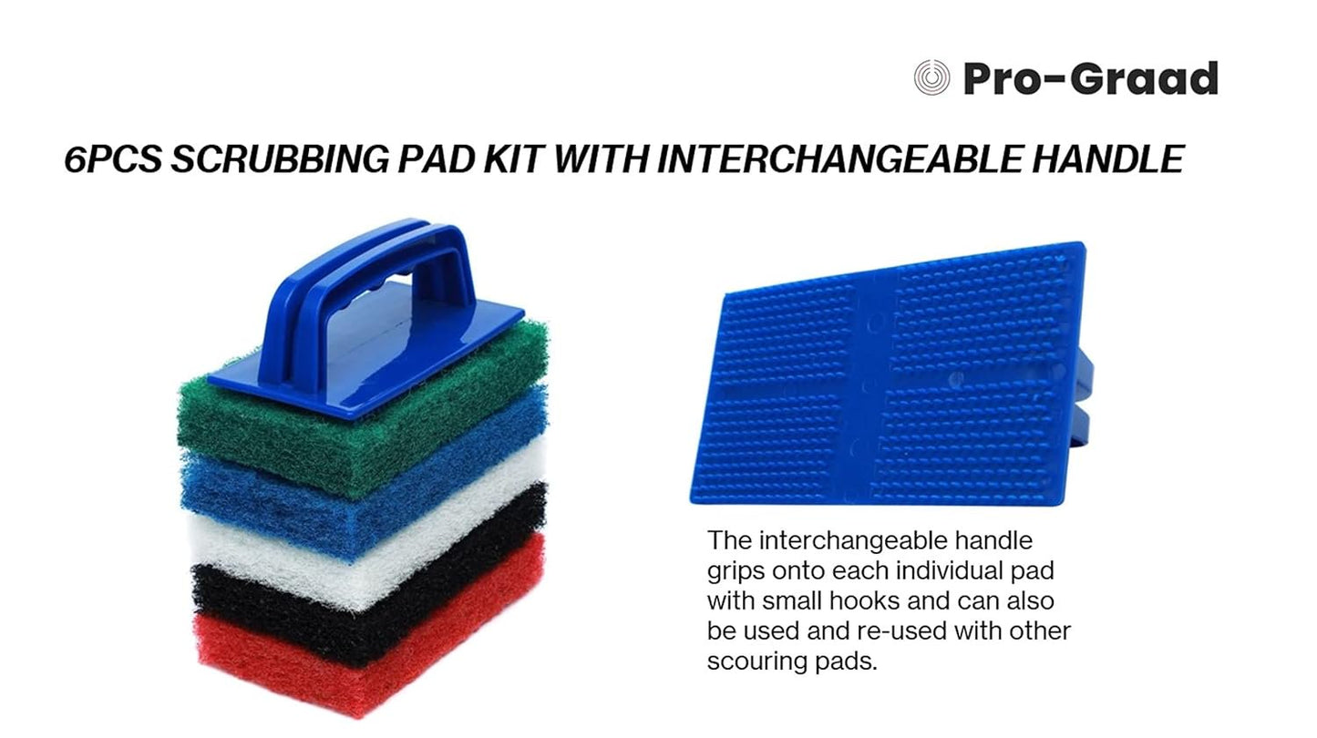Pro-Graad 6pcs Scrubbing Pad Kit Interchangeable Reusable Handle | 5 Different Scrubbing & Scouring Pads: Red, White, Blue, Green, Black | for Bathroom, Kitchen, Grill, Teak, Boat Hull Bottom Cleaning