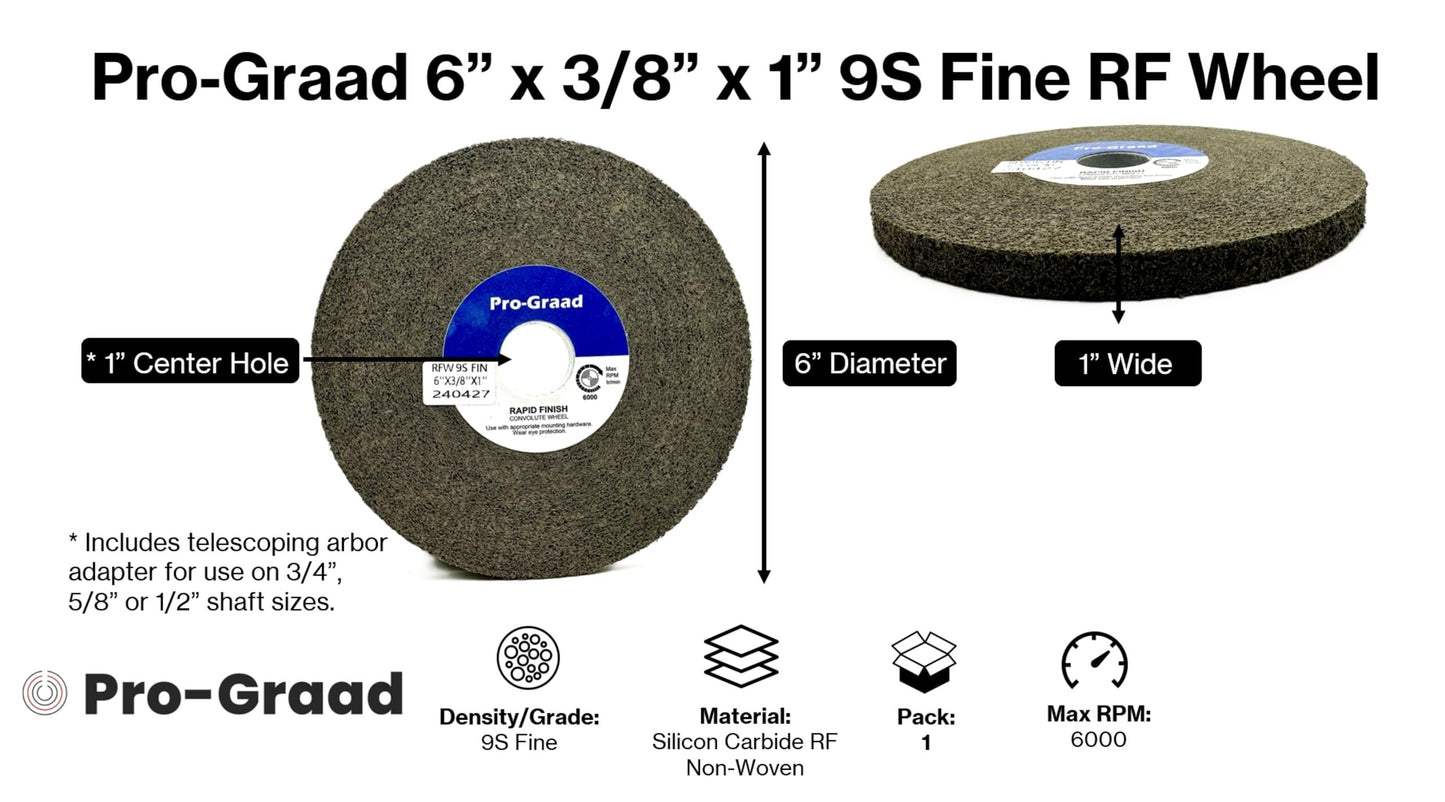 Pro-Graad 1 Pack 6” x 3/8” x 1” 9S Fine Series 1000 RF Long Life Convolute Deburring, Finishing & Polishing Wheel, Includes Adapter for use on 3/4 5/8 1/2 inch Shaft Sizes, Pack of 1