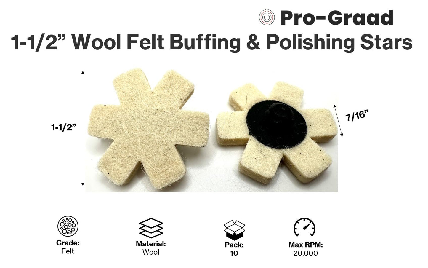 Pro-Graad 10 Pack 1-1/2” Wool Felt Buffing & Polishing Stars, Ideal for Buffing & Polishing inside of cylinders, pipe, tubing, Excels on Aluminum, Steel, Titanium - Includes Holder
