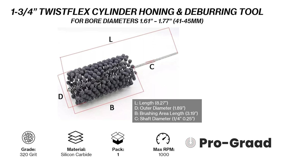 TwistFlex 1-3/4” 320 Silicon Carbide Cylinder Hone 42-45mm, Bores 1.61”-1.77” for KX65 2011-18, KX60 1988-2004, KX65 2000-09, RM65 2003-05, KTM60SX 1998-99, KTM65SX 1998-2018, KTM65XC 2008-09