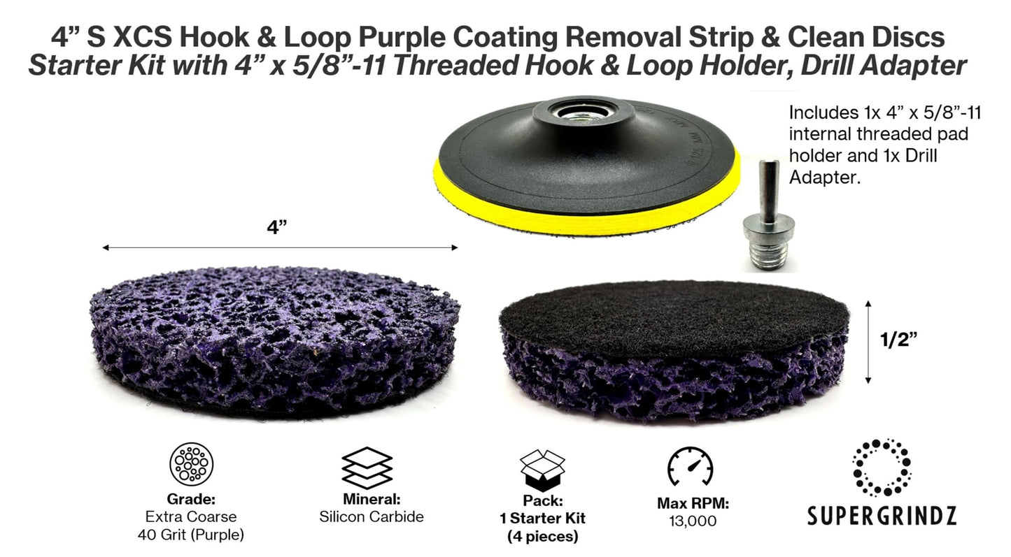 SuperGrindz 4 Piece Starter Kit 4” SXCS Hook & Loop Purple Coating Removal Discs with 4” x 5/8”-11 Holder, Drill Adapter, Silicon Carbide Extra Coarse Clean & Strip, Strips Paint Coatings Clean Welds