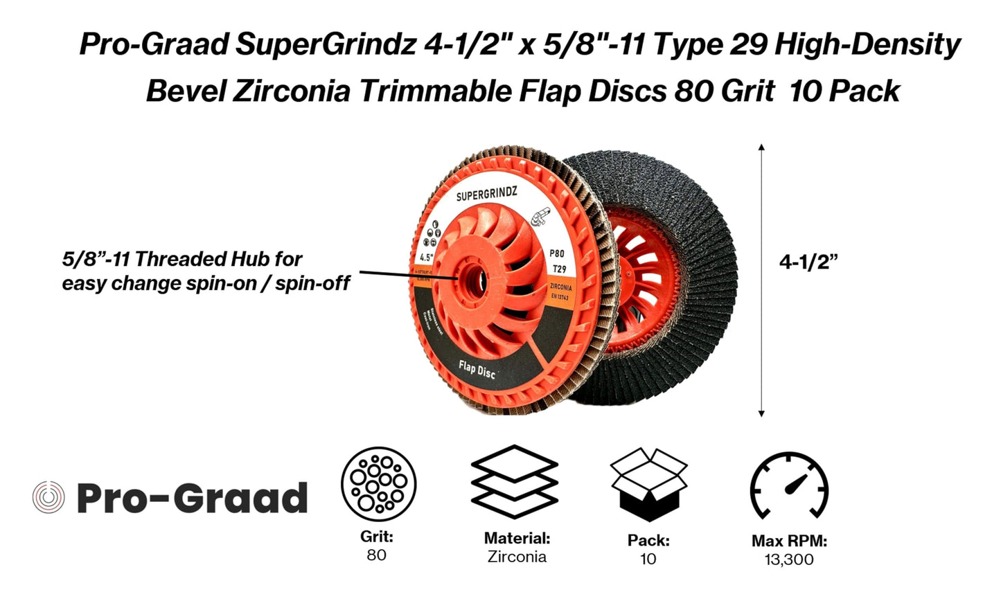 SuperGrindz 10 Pack 4-1/2" x 5/8"-11 80 Grit Bevel Type 29 High-Density Zirconia Trimmable Flap Discs for 4.5" & 5" Grinders, 5/8”-11 Fast Change Hub, Sanding, Finishing, Stock & Rust Removal