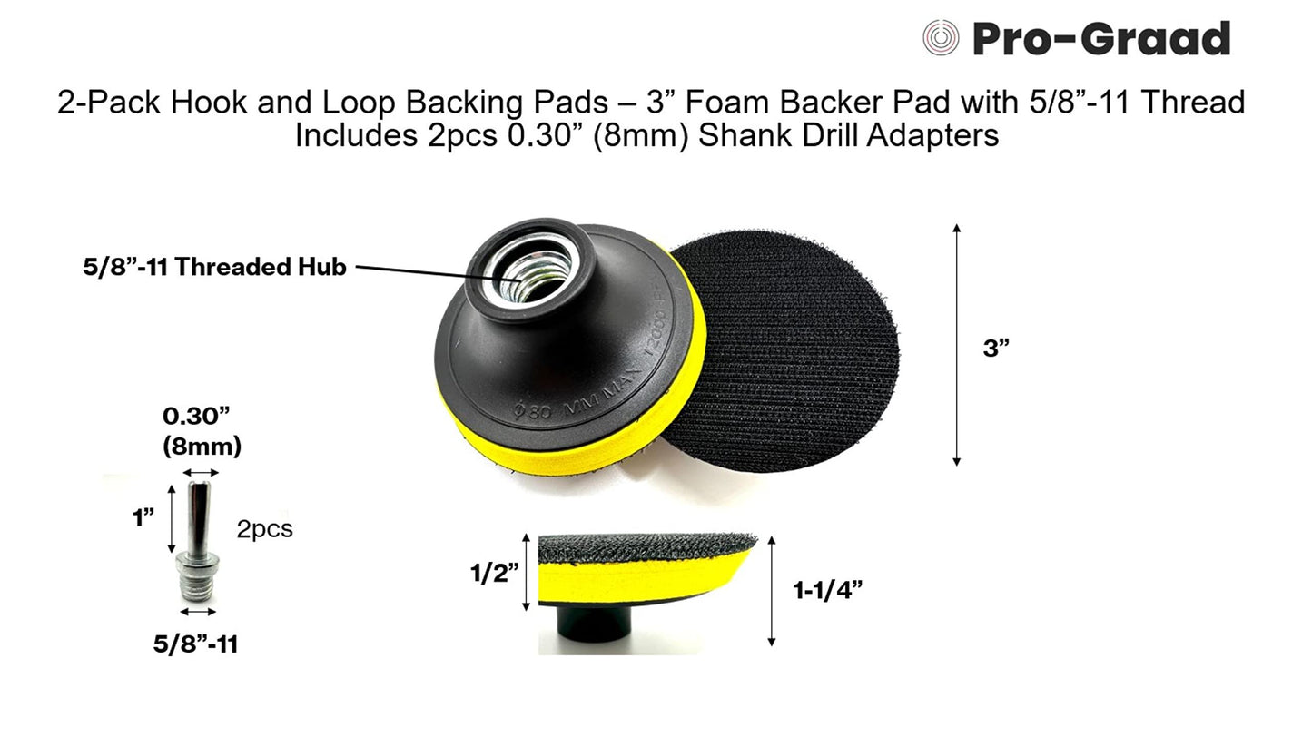 Pro-Graad 2 Pack 3" Hook and Loop Backing Pads Foam Backer Pad with 5/8”-11 – 3 inch Backup Pads for use with Angle Grinder or Drill Sanding Polishing Discs – Includes 2pcs 0.30” (8mm) Shank Adapters