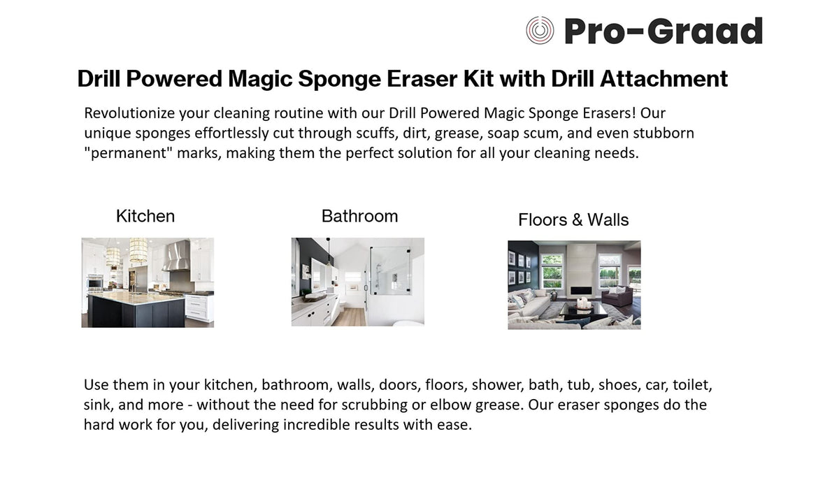 3.5” Drill Powered Magic Sponge Eraser 6 Pieces Kit with Drill Attachment | 25% Thicker Ultra Durable Melamine Cleaning Eraser Pads for Bathroom Kitchen Floors Walls Baseboards Crayon Marker and more