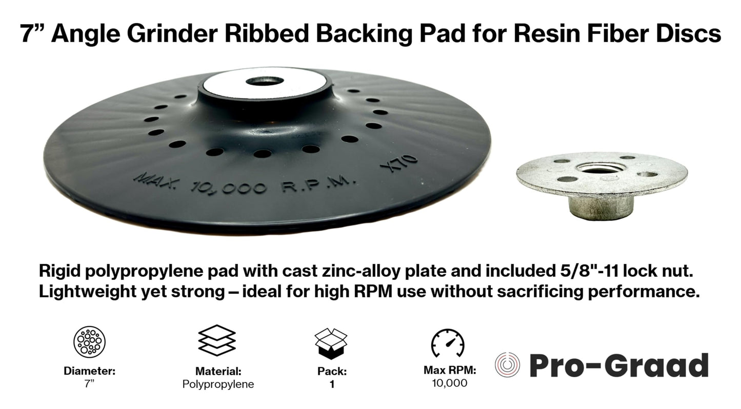 Pro-Graad 7” Angle Grinder Ribbed Rigid Backing Pad for Resin Fiber Discs, 7 inch x 5/8-11 Sanding Disc Backer Pad for Grinding, Sanding, Stripping on Metal, Wood, 7/8" Arbor - Grinder Attachment