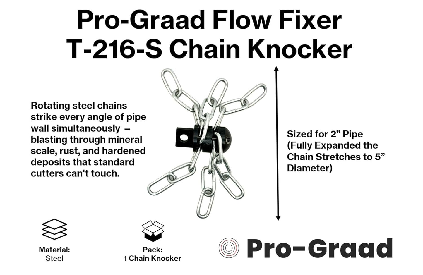 Pro-Graad FlowFixer T-216-S 2" Chain Knocker Drain Cleaning Head Slotted Connector | Heavy Scale Removal | Fits 3/8”, 1/2" or 9/16” Cables, Commercial & Residential Use