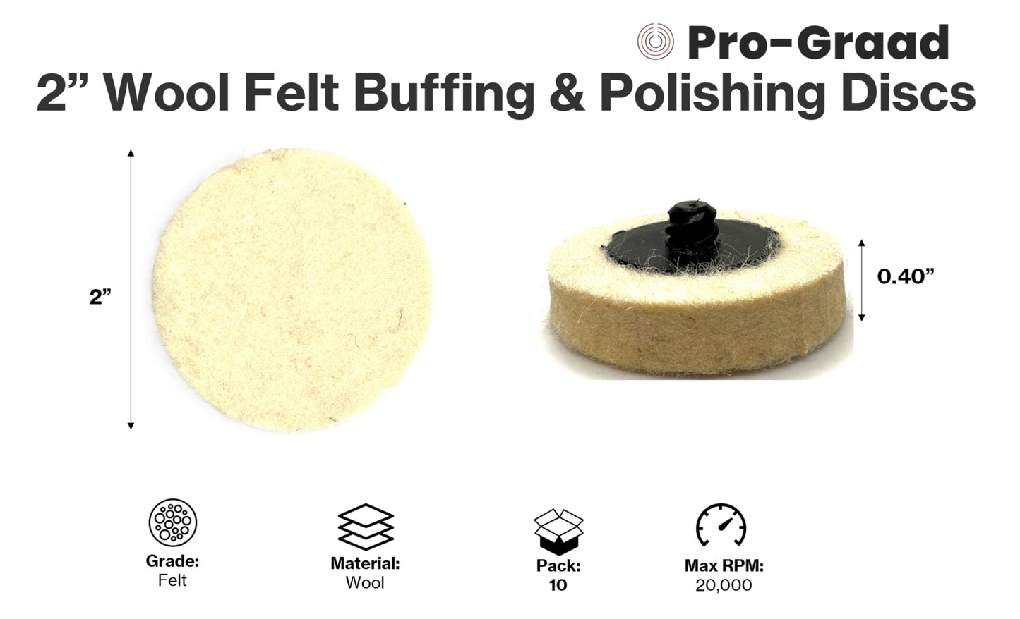 Pro-Graad 2" Felt Roll Lock Quick Change Wool Sanding Discs - 10 Pack, R-Type Buffing Pads for Polishing & Surface Conditioning, Premium Compressed Wool, Use with Die Grinders & Rotary Tools