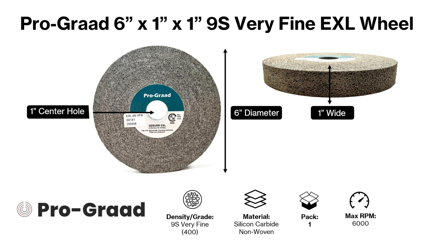 Pro-Graad EXL Deburring Wheel - 6" x 1" x 1" 9S Very Fine (400) Grit - Silicon Carbide - Metal Deburring, Finishing and Polishing Wheel - Convolute - (1 Pack)