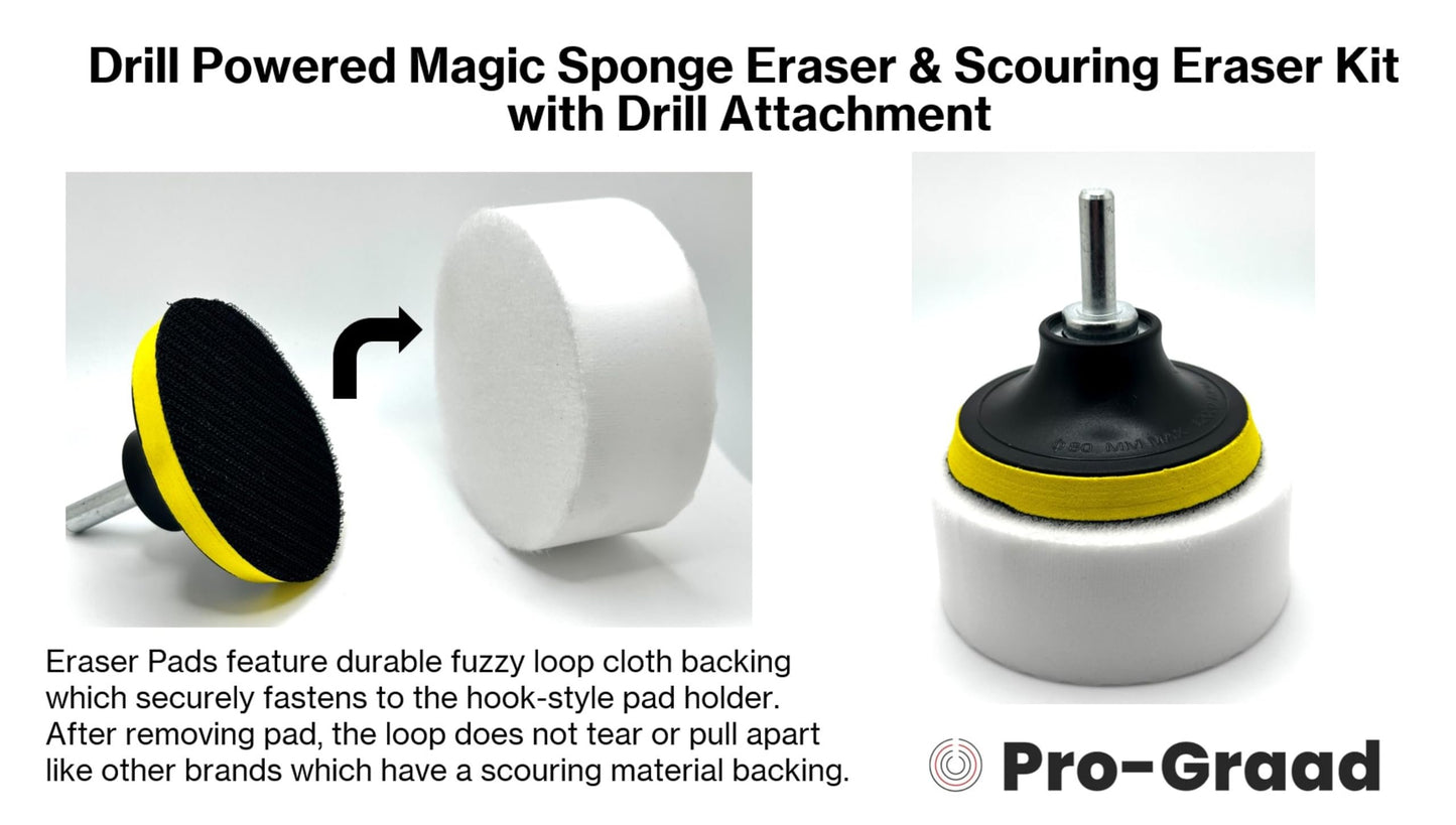 4.5” Drill Powered Magic Sponge Eraser & Scouring Eraser 6 Pieces Kit with Drill Attachment | Ultra Durable Eraser Pads for Deep Cleaning Bathroom Kitchen Floors Walls Baseboards Crayon Marker & More