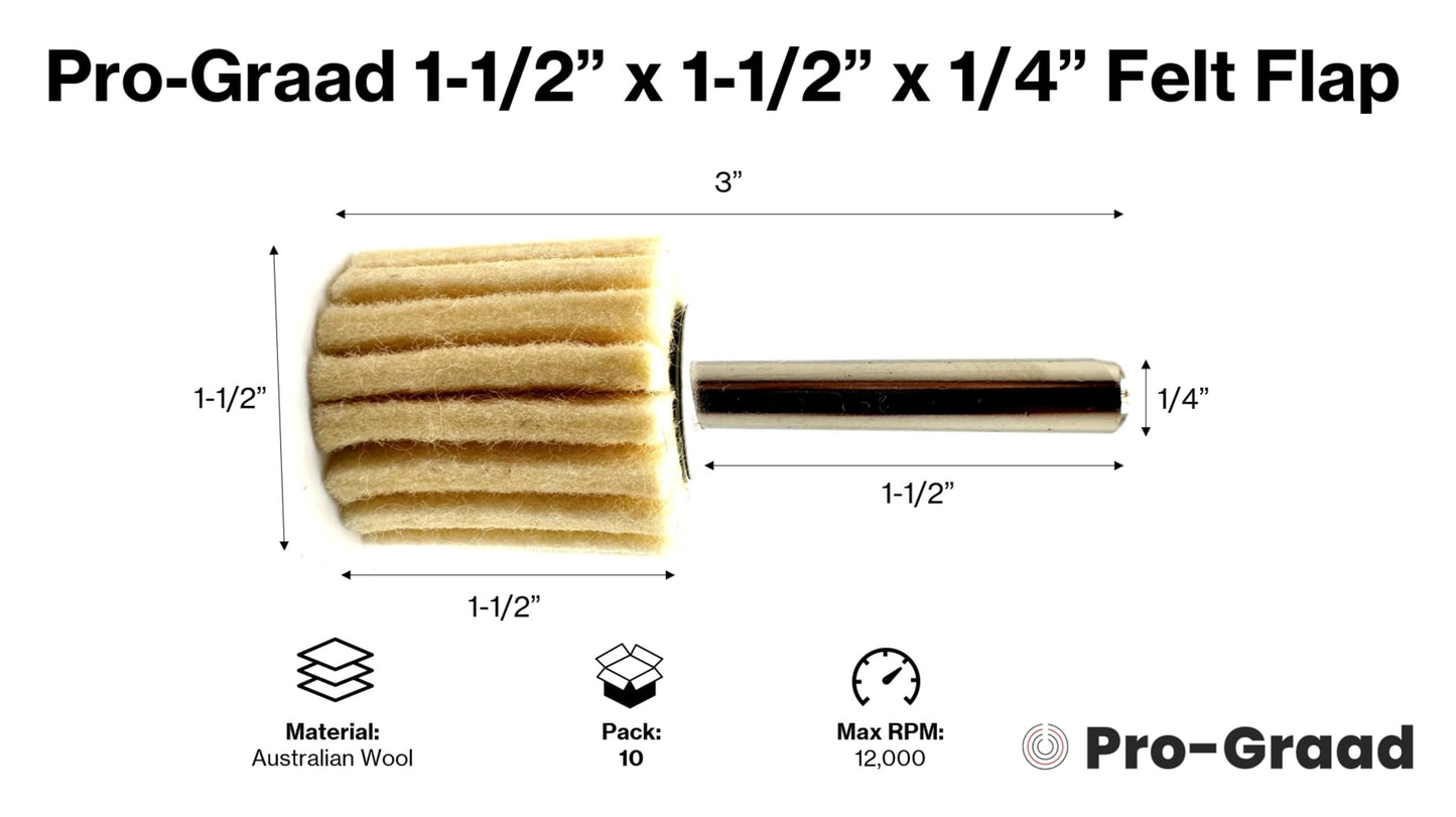Pro-Graad 10 Pack 1-1/2" X 1-1/2" Felt Flap Wheel with 1/4" Shank Mounted, Perfect for Surface Finishing, Polishing, Buffing Plastics, Stone, Glass, Steel, Stainless, Aluminum & more, Pack of 10