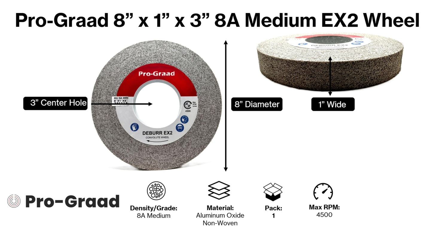 Pro-Graad EX2 Convolute Deburring Polishing Wheel - 8" x 1" x 3" 8A Medium Grit Aluminum Oxide - Extra Durable - Metal Deburring, Finishing and Polishing Wheel - Convolute - 17219 - (1 Pack)