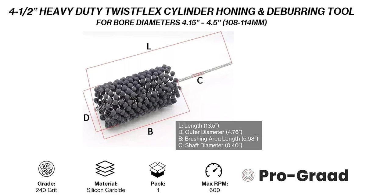 Pro-Graad TwistFlex Heavy Duty Cylinder Hone, 4-1/2" 240SC Flexible Cylinder Honing & Deburring Tool, 4.5" Bore Brush for Hole Diameters 4.15"- 4.5", Silicon Carbide 240 Grit, 13.5" Length (1 Pack)