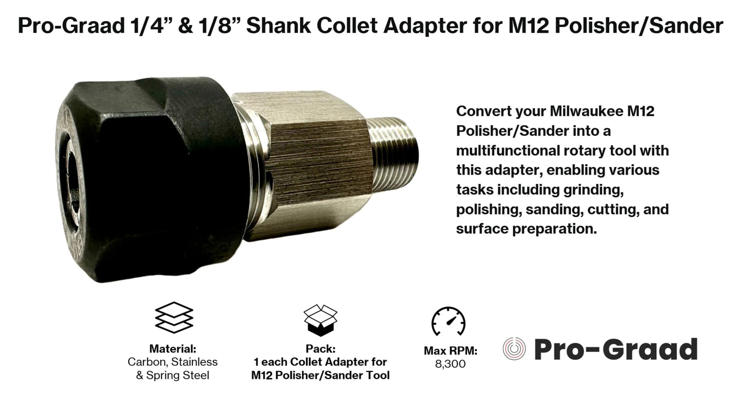 Pro-Graad Collet Adapter for Milwaukee M12 Polisher/Sander - Includes 1/8” & 1/4” Collets, Upgrade Accessory for M12 Tool, Shank Converter for 1/4” & 1/8” Accessories, Pack of 1