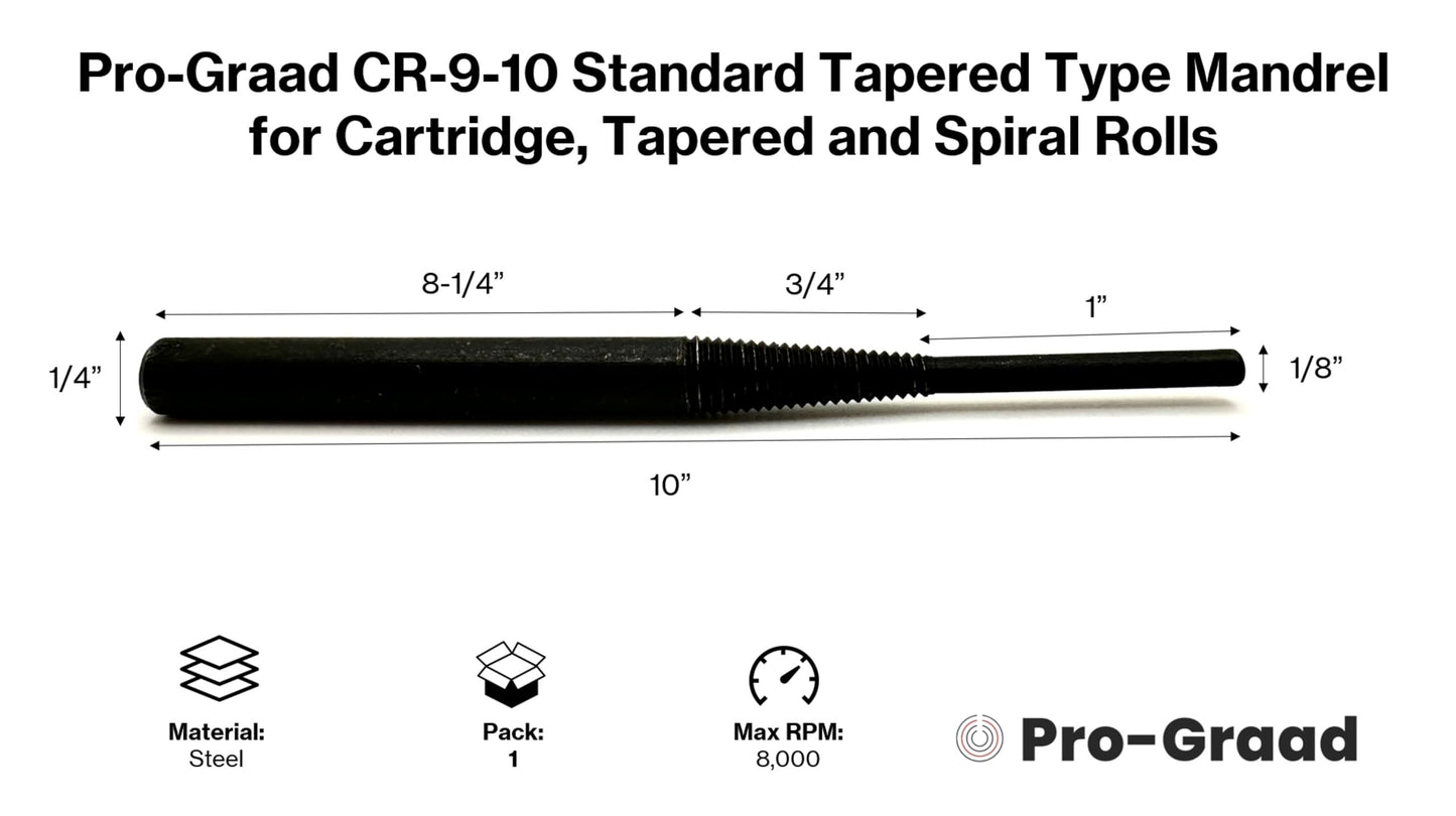 Pro-Graad CR-9-10 10” Porting Mandrel Extra Shank Length Cartridge and Spiral Roll Mandrel, 1/8" Pilot Diameter x 1" Pilot Length, 10" Overall Length, 1/4" Shank Diameter x 8-1/4" Shank Length