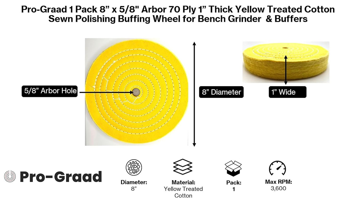 Pro-Graad 1 Pack Extra Thick Buffing Polishing Wheel 8 inch Yellow Treated Cotton Medium, 70 Ply – 1” Thick with 5/8 inch Arbor Hole for Bench Grinder – Ideal for Middle Step Buffing – Pack of 1