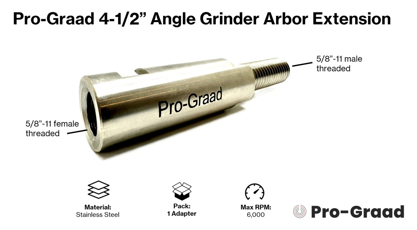 Pro-Graad 4-1/2" Stainless Angle Grinder Arbor Extension, 1-1/2” Thread Length, Additional Threads On Power Tools with 5/8”-11 Thread Arbor, Angle Grinder Extender Shaft for Buffing & Airway Wheels