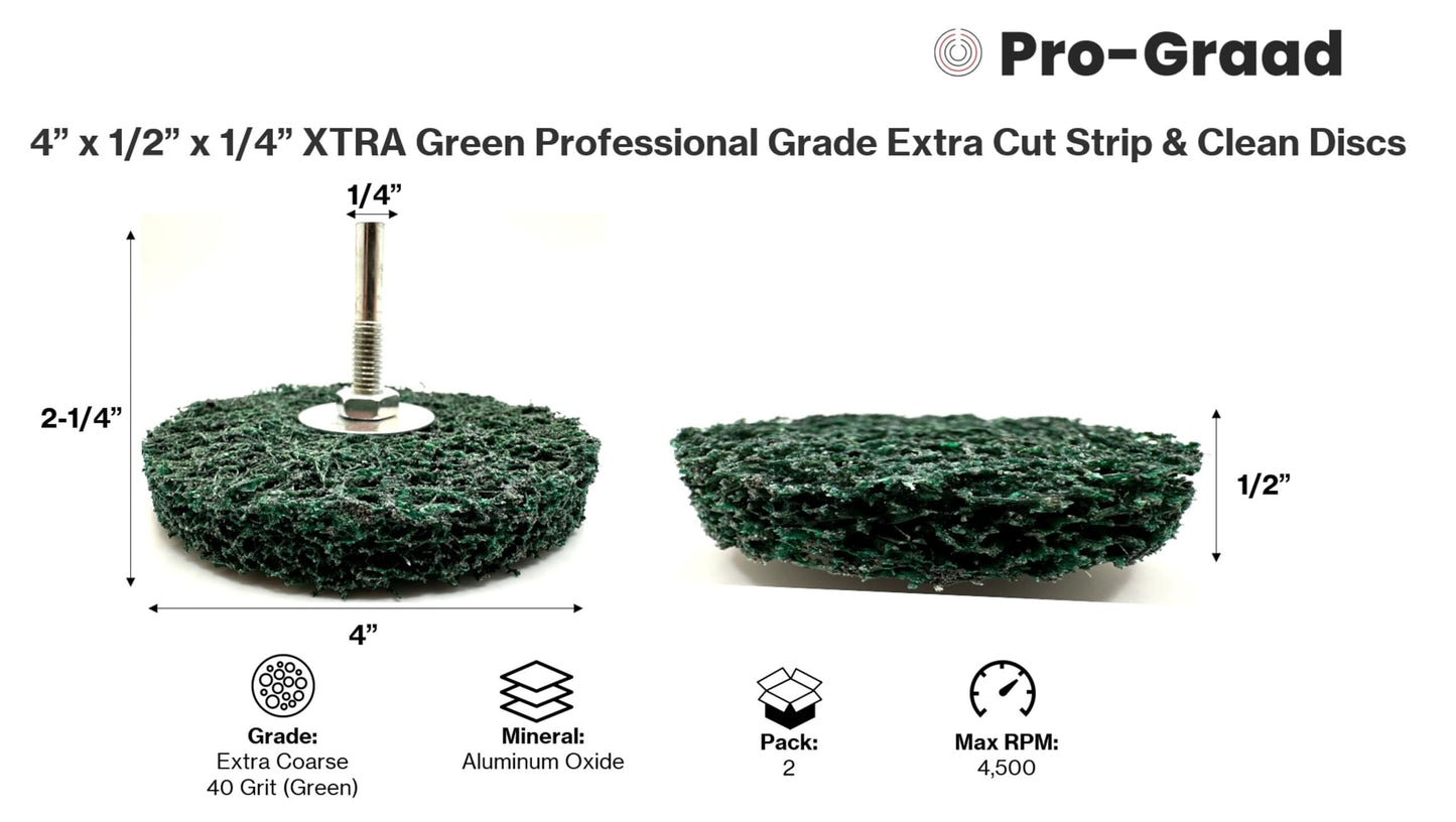 Pro-Graad 2 Pack 4” x 1/2” x 1/4" Shaft Clean & Strip XT Pro Extra Cut Disc, Extra Coarse Aluminum Oxide, Remove Heavy Rust Paint Coating Corrosion, Green, 21665, Pack of 2