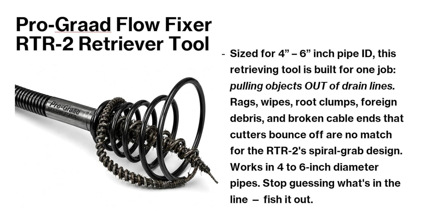 Pro-Graad FlowFixer RTR-2 Drain Cleaning Retrieving Tool | Large Corkscrew Cable Attachment | Retrieves Broken Cables, Rags & Debris | Fits 5/8" & 3/4" Drain Cables | For Use in 4” – 6” Pipes