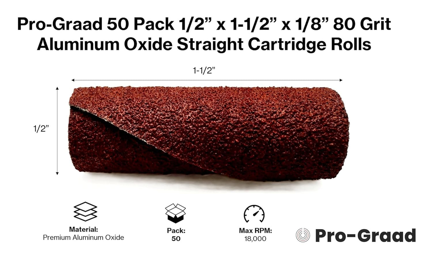 Pro-Graad 1/2” Diameter x 1-1/2” Length x 1/8” Pilot Hole 80 Grit Aluminum Oxide Straight/Untapered Cartridge Roll, 50 Pack, Includes 1x CR-9 Mandrel