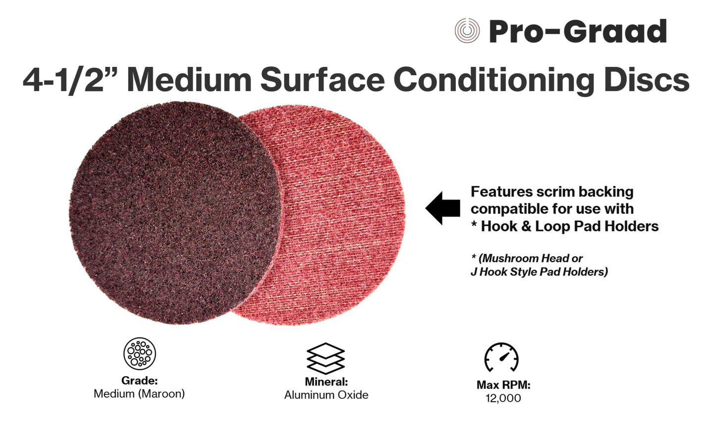 Pro-Graad 4-1/2" AMED Hook & Loop Surface Conditioning Discs, 10 Pack, Maroon, Medium Grit - Aluminum Oxide, for Metal Surface Prep Sanding Polishing Deburring Cleaning - Easy Attachment, 14100