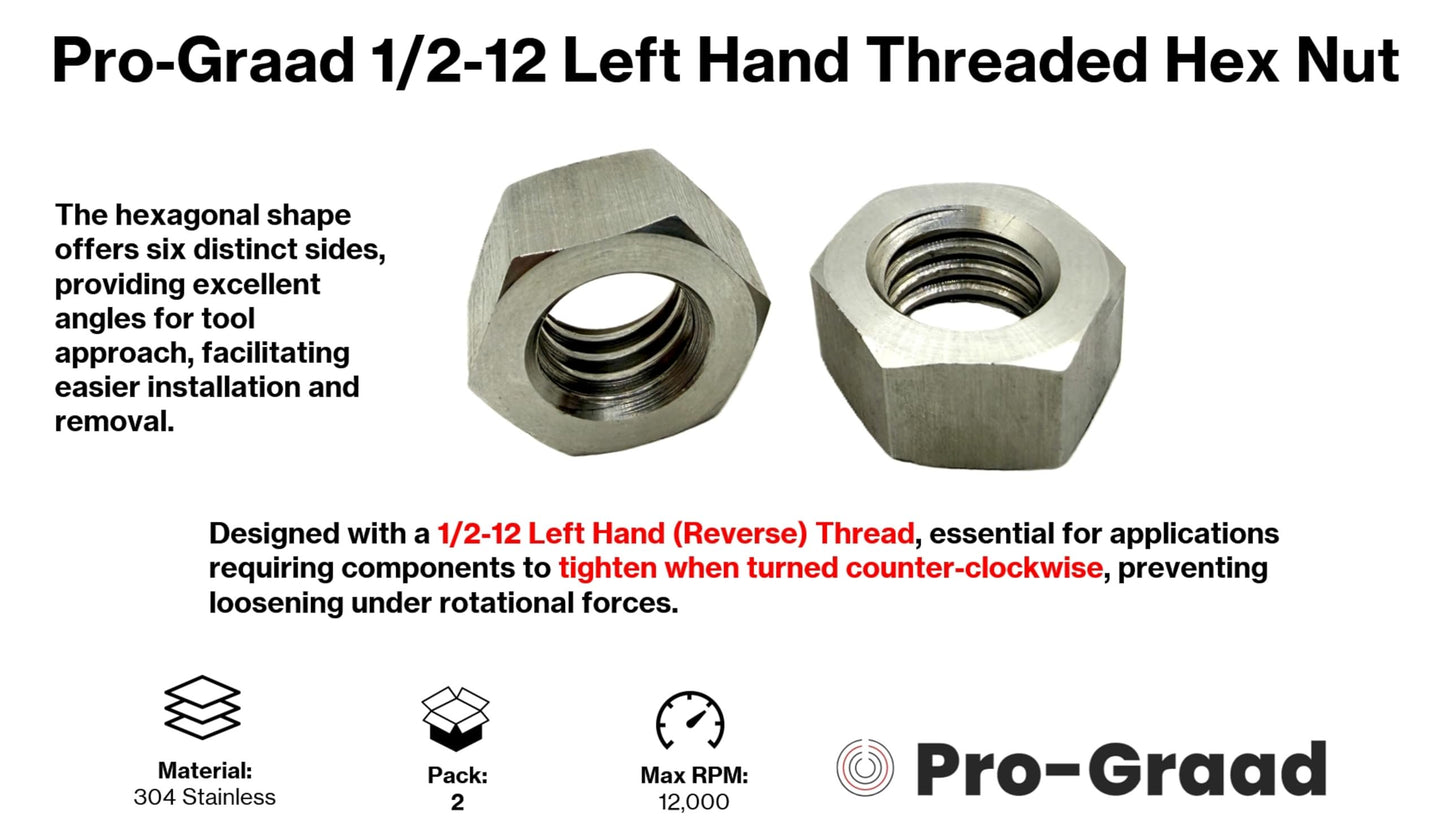 Pro-Graad 1/2-12 BSW Left Hand (Reverse) Thread, 304 Stainless Steel Hex Nut – Pack of 2