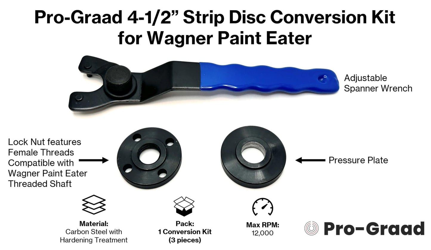 Universal Strip Disc Conversion Kit for Wagner PaintEater - Pro-Graad Adapter with Lock Nut & Wrench - Upgrade for 4.5” x 7/8” Stripping Wheel Compatibility (Conversion Kit with Wrench)