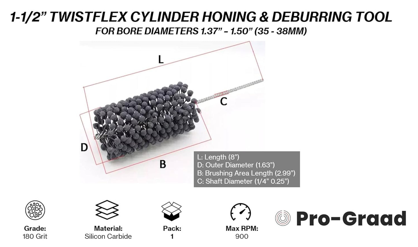 Pro-Graad TwistFlex 1-1/2" 180SC Cylinder Hone | 1.5" (38mm) Flexible Cylinder Honing & Deburring Tool | Bore Brush for Hole Diameters 1.37 - 1.5" | Silicon Carbide 180 Grit | 1/4" Shank | 8" Length