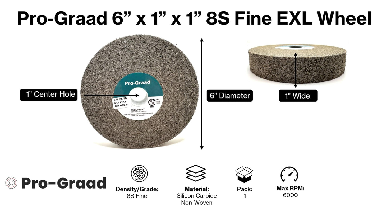 Pro-Graad EXL Deburring Wheel - 6" x 1" x 1" 8S Fine - Silicon Carbide - Metal Deburring, Finishing and Polishing Wheel - Convolute - 09549 - 1 Pack