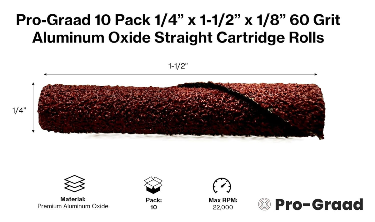 Pro-Graad 1/4” Diameter x 1-1/2” Length x 1/8” Pilot Hole 60 Grit Aluminum Oxide Straight/Untapered Cartridge Roll, 10 Pack, Includes 1x CR-9 Mandrel