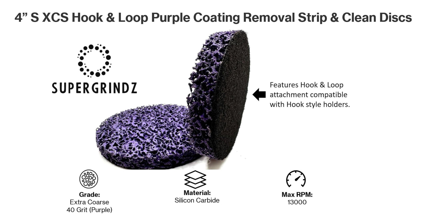 SuperGrindz 4 Piece Starter Kit 4” SXCS Hook & Loop Purple Coating Removal Discs with 4” x 5/8”-11 Holder, Drill Adapter, Silicon Carbide Extra Coarse Clean & Strip, Strips Paint Coatings Clean Welds